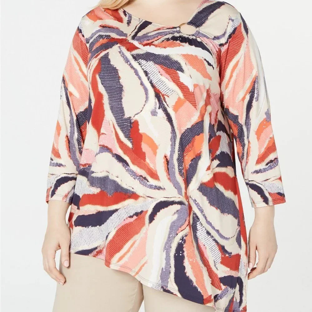 Plus Size Printed Asymmetrical-Hem Top
